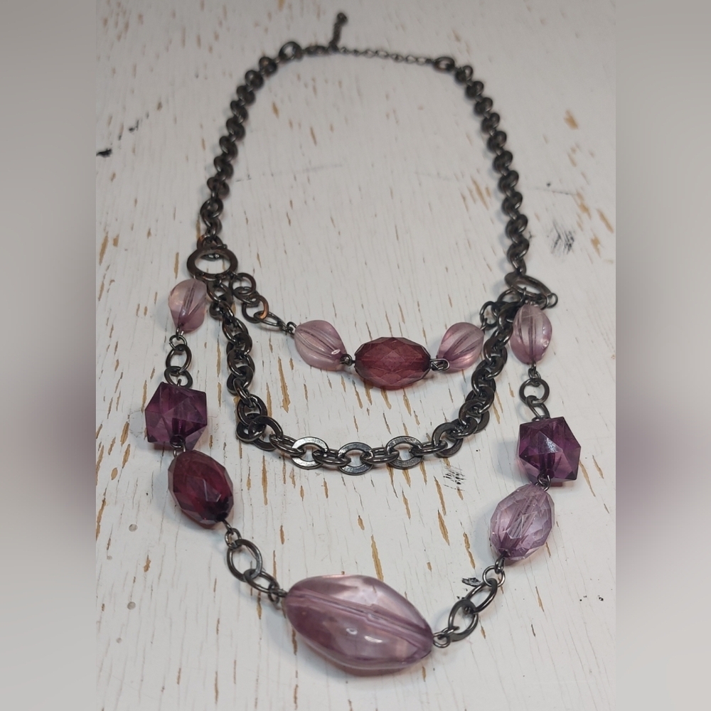 Purple Three Tiered Bib Necklace Glass Beads Jewelry Statement Vintage Chic